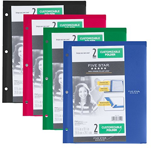 Five Star 2 Pocket Folder, Customizable Cover, Folder with Pockets, Fits 3 Ring Binder, Plastic, Black, Red, Green, Blue, 4 Pack (38098)