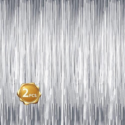 2 Stück Folien Fransenvorhänge, Silber Lametta Vorhänge, Foto Hintergrund für Hochzeit, Verlobung, Brautparty, Geburtstag, Bachelorette, Party, Bühnendekoration(3,28 ft x 6,56 ft)