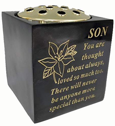 David Fischhoff Gedenkschale mit schwarzer Rose und Goldener Aufschrift, Blumenvase für das Grab, Schwarzgold, Lilie, Sohn