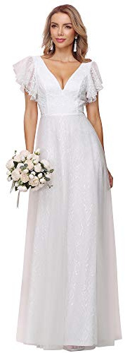 Ever-Pretty Encaje Tul Vestido de Novia A-línea Cuello en V Manga Corta Corte Imperio para Mujer Blanco 46
