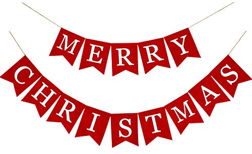 Whaline Merry Christmas Canvas Banners, Red Christmas Bunting Garland, Hanging Xmas Decorations for Fireplace Wall (13ft in Total)