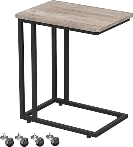 VASAGLE Beistelltisch, Sofatisch mit Rollen, C-Form, mobiler Kaffeetisch, 35 x 50 x 60 cm, Wohnzimmertisch mit Metallgestell, für Kaffee und Laptop, Industrie-Design, Greige-schwarz LNT050B02