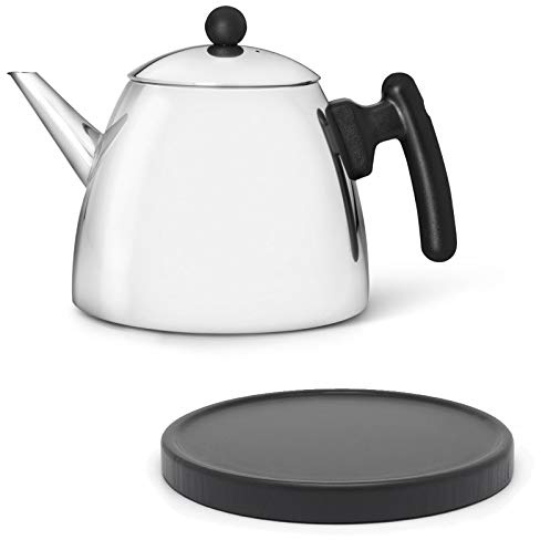 Bredemeijer Teekanne Set 1.2 Liter - Edelstahl doppelwandig glänzend - Kleiner klassischer Teebereiter ohne Filter - inkl. Holz-Untersetzer schwarz