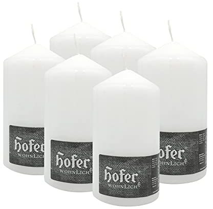 Hofer Candele Grandi Bianche a Colonna - 8 x 15 cm - Set di 6 Candele Decorative Cilindriche - Colore Bianco - Lunga Durata di 60 Ore - Cera Antigoccia - Non Profumate - Qualità RAL