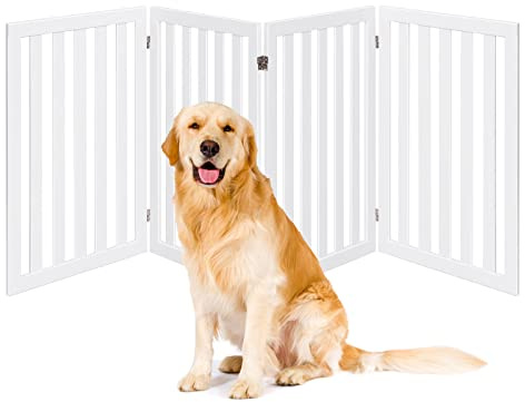 COSTWAY Barrière Autoportante pour Chien 2/3/4 Panneaux en Bois 60/89 cm Charnières Métalliques Pivotant à 360° Patins Antidérapants pour Maison Escaliers Portes (89 cm x 4 Panneaux, Blanc)