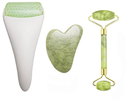 Chikoni 3 in 1 Ficial Face Ice Jade Roller and Gua Sha Tool, Natural Real Jade Anti-Wrinkle Face Eye Neck Massager Tool, Reduce Wrinkles, Puffiness, Migraine, Redness, Pain and Injury