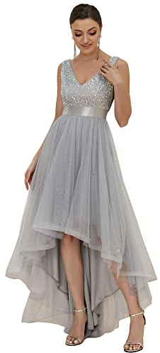 Ever-Pretty Damen Cocktailkleider Pailletten Asymmetrisch Bodenlang Ärmellos V-Ausschnitt Tüll Rückenfrei Elegant Silber 44EU
