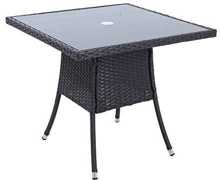 The Fellie Patio Table Garden Rattan Table Tempered Glass Tabletop 80cm Square Coffee Tables Outdoor Bistro Tables with Umbrella Hole,Black