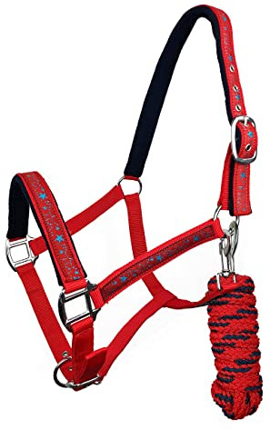 York Halfter Bella mit Führstrick Pferdehalfter mit Strick Halfterset (Shetty, rot-dunkelblau) | Halfter mit Anbindestrick