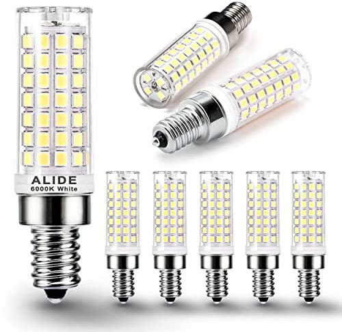 ALIDE E12 75 Watt Replacement LED Candelabra Bulbs C7,6000K Daylight Bright Cool White,800LM T6 7.5W LED E12 Chandelier Light Bulbs for Ceiling Fan Pendant Lighting,Non-dimmable,6 Pack