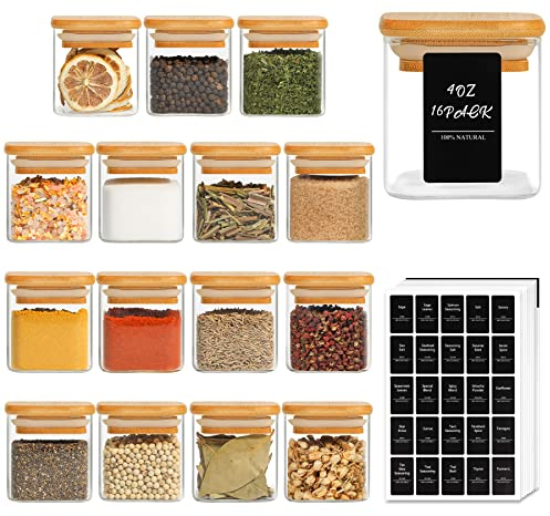 ComSaf 16 Pcs Glass Spice Jars with Bamboo Lids, 120ml Square Seasoning Jars with Black Lables, Airtight Small Spice Jars with Lids and Labels, Glass Container for Spice, Salt, Sugar, Seeds, Nuts etc