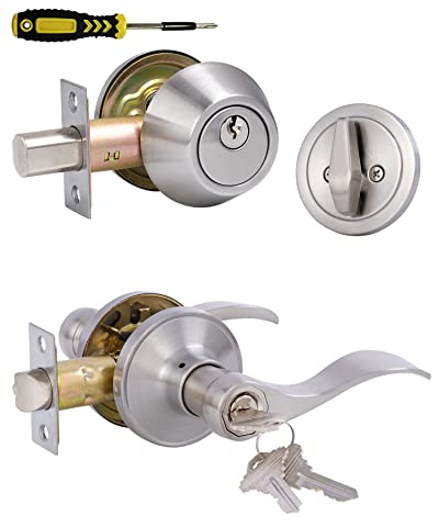 Keyed Alike Front Door Lever Lockset with Single Cylinder Deadbolt Combination Set, Exterior Door Knob with Lock and Deadbolt, Satin Nickel Finished Door Lock