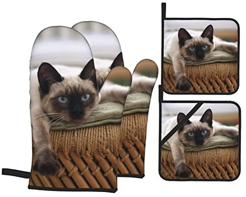Siamese Thai Cat Mandala Ofenhandschuhe und Topflappen-Sets, 4-teiliges Set, Ofenhandschuhe, vielseitige Heizunterlage, hochhitzebeständig, Küchenofenhandschuhe zum Kochen, Backen, Grillen