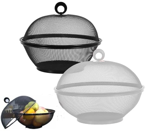 cesto frutta da tavolo, cesta con coperchio,Copertura per alimenti da cucina, anti-zanzare e anti-mosche, rotonda, resistente, per alimenti, frutta e verdura, pane (bianco+ nero)