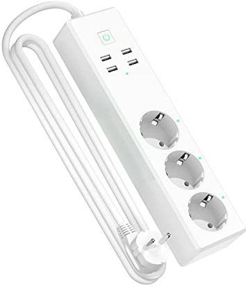 Refoss Smart Power Strip con Mando a Distancia, Wi-Fi Multi-Socket Surge Protector con 3 Tomas de CA y 4 Puertos USB, WiFi Power Strip 3-Fold con Alexa, Google, 1.8m