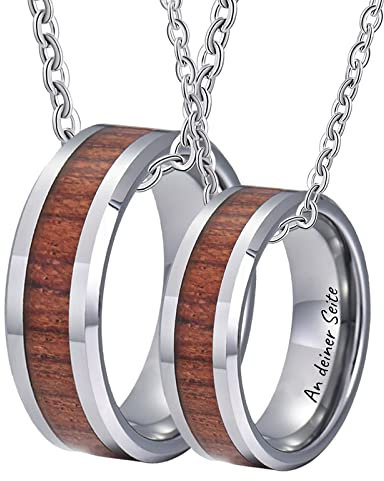 KnSam Wolfram Partner Kette Gravur EIN Leben lang an deiner Seite, 2 Stück Anhänger Ring 8MM Holz Partner Kette Gravur Silber, Gr.54 & Gr.62, Länge 60cm/ 50cm