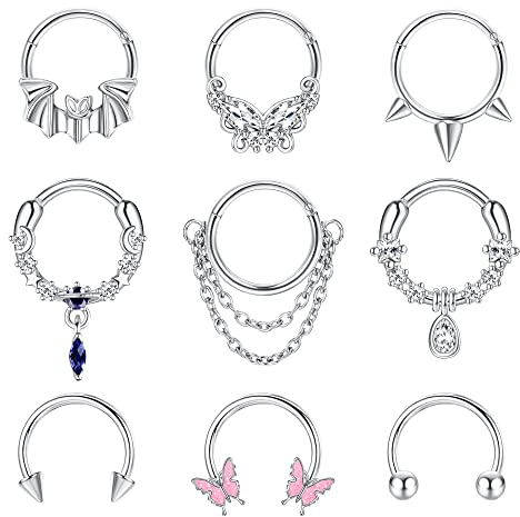 Kakonia 9 Stk 16G Dangle Septum Piercing Schmuck für Damen Herren Baumeln Nasenpiercing Rings 316L Edelstahl Cartilage Helix Daith Earrings Dangle Septum Rings 8MM