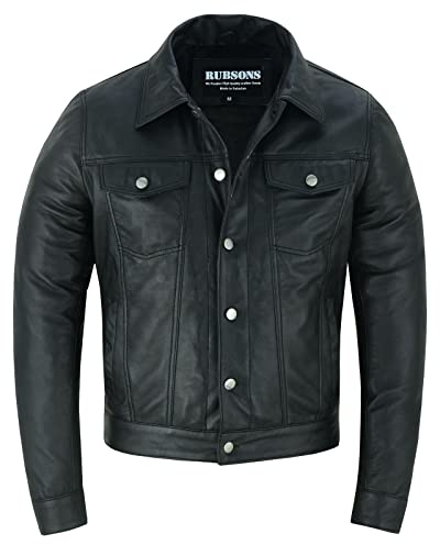 RUBSONS Men's Classic Sheep Skin Leather Trucker Jacket Shirt Style