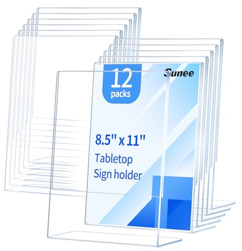 SUNEE 12 Pack Acrylic Sign Holder 8.5x11, Clear Plastic Paper Stand for Flyers and Menus, Vertical L-Shape Display Frame for Restaurant, Office, Stores, Tabletop