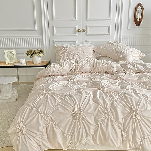 Freyamy Bettwäsche 135x200cm 4teilig Beige Pintuck Plisseefalten Luxus Bettwäsche-Sets Pinch Pleat Microfaser Bettbezug 2 Bettdeckenbezüge mit Reißverschluss und 2 Kissenbezug 80x80cm