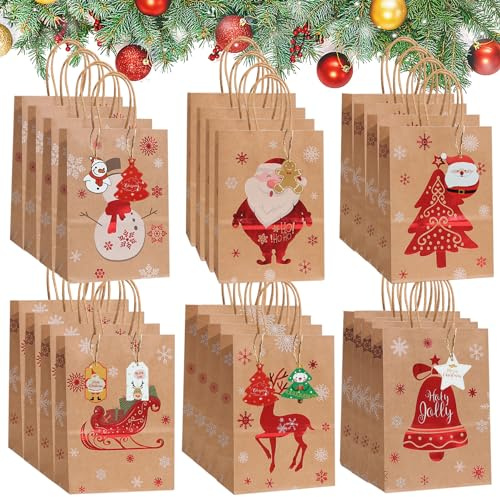GeschenktüTen Weihnachten,24 Stück Weihnachts Kraft Geschenktaschen,Papiertüten Weihnachten Geschenktüten mit Henkel,WeihnachtstüTen Papier,Weihnachtstasche,Papiertüten