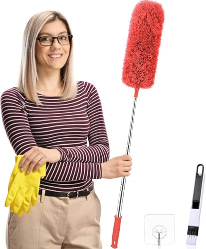 Plumero telescópico lavable, largo extensible hasta 75-240 cm, plumero con barra telescópica y flexible, para techos altos, ventilador de techo, escoba esquinera, color rojo