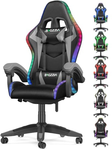 Bigzzia Gaming Stuhl, Ergonomisch Gaming Chair mit LED, Gaming Sessel Grau | Gaming Sessel mit RGB-Licht, PC-Stuhl mit verstellbarer Lendenwirbelstütze, aus PU-Leder, Computerstuhl für Jugendliche