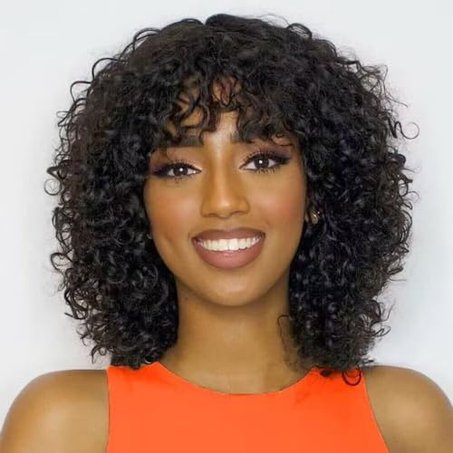 Echthaar Perücke Mit Pony Curly Bob Perücken - Brasilianische Virgin Echthaar No Lace Front Glueless Wig Kinky-Curly 12 Inch Short Bob Wig Für Frauen