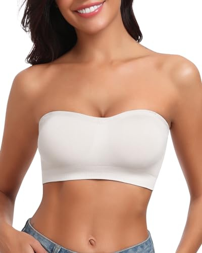 LEYSHE Sujetador sin Tirantes para Mujer, Sujetador Bandeau Acolchado, Top de Tubo sin Costuras, Top Bandeau Antideslizante,Blanco,L
