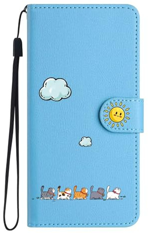 Jeffene Mobiltelefonfodral för Samsung Galaxy S21 5G (6,2 tum) vikbart fodral med stativ, kortfack, hopfällbart skal, katt, PU-läder, flip skal, för Samsung Galaxy S21 5G, blått