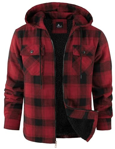 zitysport Camicia Giacca Uomo Tasca Petto Foderato in Pile Foderato in Pile Cappotto Invernale con Tasche Giacca Flanella con Cappuccio Uomo Sudore Cappuccio(Rosso Nero,M)
