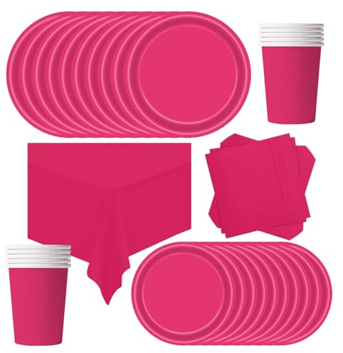 POPOYU 69 Pièces Vaisselle Jetable Anniversaire Rose,Assiette Carton Papier Tasses Serviettesr Nappe pour Fête de Noël,Vaisselle de Fête Enfants,Barbecue Les Fêtes Les Pique-niques(16 Invités)
