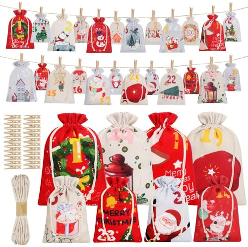 24 Calendrier de l'Avent Vide a Remplir Soi Meme 2024 Femme Femme Homme Enfant Pochette Calendrier de l'Avent Cadeau Noël Décoration 24 petites pinces à linge en bois + 5 mètre fil
