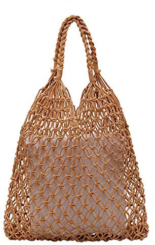 AYKANING Strohtaschen Damen,Korbtaschen Damen Aushöhlen gewebt Tasche Baumwolle Futter strohbeutel für Sommer Strand weibliche retikulate Handtasche nettel bequemtasche(Grey with Pocket)