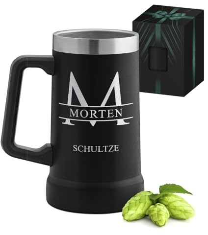 Maverton Isolierter Bierkrug mit Gravur 700 ml Schwarz mit Henkel | Edelstahl Bierglas mit Namen, mit funktionellem Henkel, personalisierte Geschenke Männer, Bier Geschenke für Männer