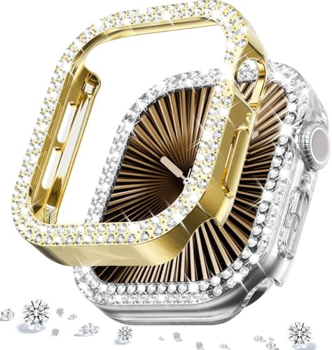 DEALELE [2-pack] klockfodral kompatibelt med Apple Watch Series 10 42 mm, glitter strass diamant skyddande fodral klockskydd ersättning fodral för kvinnor män (42 mm, guld + transparent)