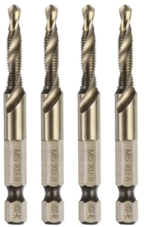 QUARKZMAN 4 Piezas Barrenas de Taladro y Roscado Métrico M5 x 0.8 Rosca Vástago Hexagonal de 1/4 Tornillos de Roscado Amarillo Tostado Barrenas de Alta Velocidad de Acero 6542