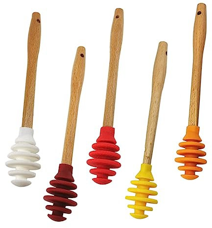 Ciieeo 5pcs Silicone Honey Dipper Stir Sticks Set Non-Stick Food-Grade Honey Stirring Spoon for Kitchen and Jar Mixing Fruit Green Red Pink Colors