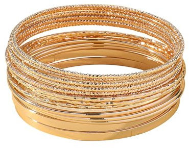 GAUEIOUR 14 PCS Gold Bangle for Women Stainless Steel Indian Punk Chunky Stackable Metal Glossy Smooth Layered Thin Charm Boho Bangles Set