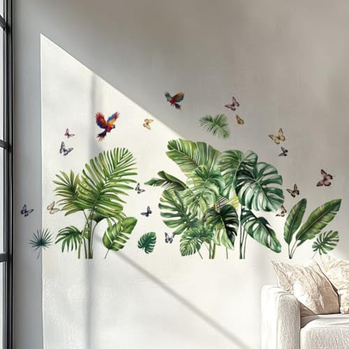 SUPERDANT Stickers Muraux de Plantes Vertes Sticker Mural de Feuille Dorsale de Tortue Décoration Murale de Feuille de Palmier Grand Art Mural en Vinyle Autocollants Décoratifs Papillon 118x39cm*3