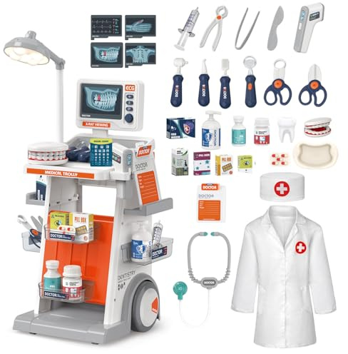 Mallette Docteur Enfant,Jouet Docteur avec Chariot 28Pièces Kit du Docteur Médicale Jouet avec Stéthoscope, Thermomètre, Seringue,Jeu d'imitation Cadeau pour Fille Garçon Enfant 3 4 5 6 7 Ans