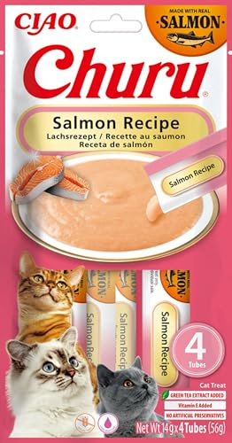 INABA Churu krämig kattmat med lax - 12-pack (48 pinnar x 14 gr) - kattmat för slickande, hälsosam och utsökt - kattsnacks utan konserveringsmedel eller konstgjorda färgämnen, Grain-Free