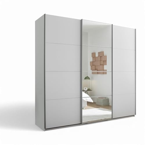 Stella Trading CARANO - Armadio con porta a specchio in bianco, versatile armadio a 3 ante per la camera da letto, 215 x 204 x 63 cm (larghezza x altezza x profondità)