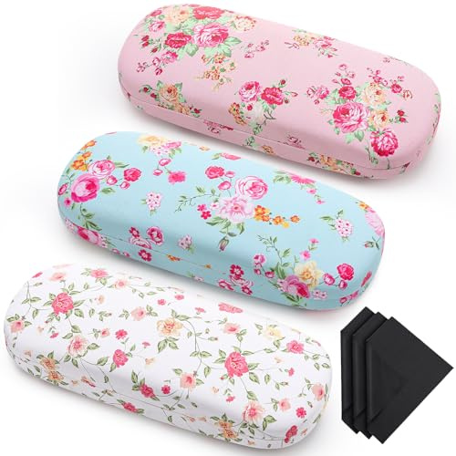 ViEinkaufen 3 PCS Hard Shell Glasses Case, PU Leather Glasses Case with Cleaning Cloth Travel Portable Eyeglass Case Floral Spectacle Cases for Women Girl Men