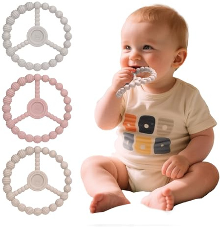 Teething Rings for Babies 0-6 Months, 3 Pack Silicone Teether Toys 6-12 Months, Freezable & Durable Chew Ring for 3-6 Months Boys Girls Teething Relief, Infant Essential Gifts (Sandy Rose Pink)