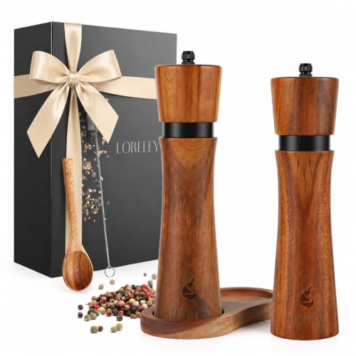 LORELEY® MITTELRHEIN Germany Salz- & Pfeffermühle aus Holz mit Keramikmahlwerk – inkl. Untersetzer & Pinsel – Gewürzmühle in Geschenkbox – Geschenk zur Hochzeit | Einweihung (Deluxe Edelstahl)