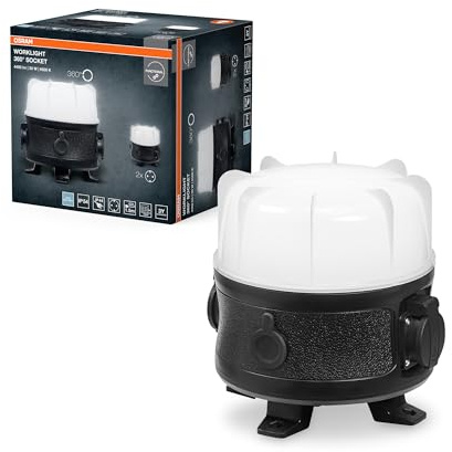 Osram Projecteur de travail LED VAL 360 2XSOK, gris foncé/noir, 30W, 3000lm, couleur de lumière blanc froid, projecteur de travail 360° avec deux prises intégrées, éclairage 360°, IP54, 6500K.