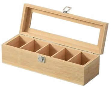 Scatola portaoggetti in legno per bustine di tè, scatola portaoggetti per bustine di tè, organizer per gioielli a 5/9 griglie, supporto rettangolare (5 griglie)