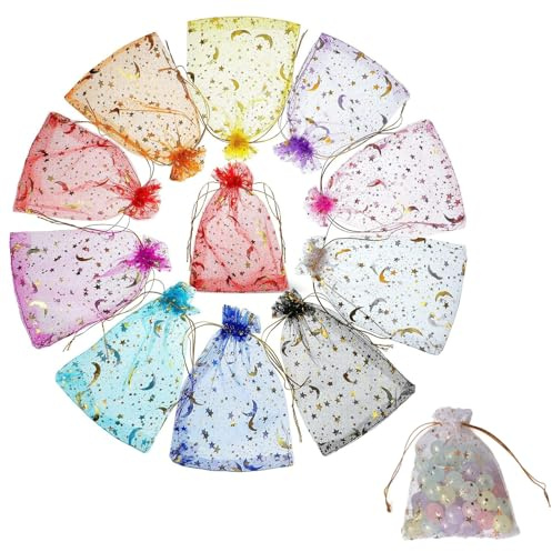 Sacchetti Organza 50 Pezzi 15×20 cm Colorati Sacchetti Regalo con Motivo Stelle e Luna Bustine Portagioie per Matrimonio Festa Natale Caramelle Gioielli Bomboniere