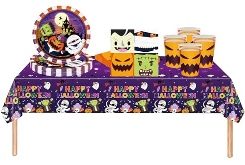 53Pcs Halloween Party Tableware Set for Table Decor,Cartoon Orange 137x274cm Large Plastic Tablecloth Halloween Party Paper Plates Cups Napkins Dinnerware Set for Scary Favor Tableware